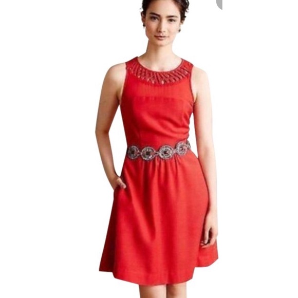 Anthropologie Maeve red Lattice A Line Sheer Fit and Flare Casual Dress - Picture 7 of 7